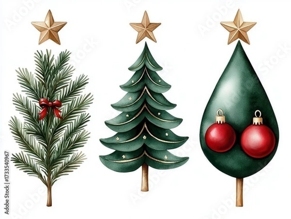 Obraz Elegant watercolor christmas tree trio holiday cards. Festive season greeting card featuring painted evergreen conifer arrangement perfect for sending yuletide cheer and warm wishes