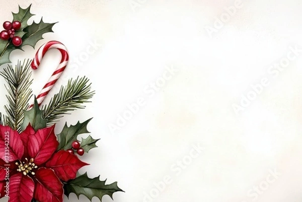 Obraz Festive watercolor Christmas border with poinsettia candy canes holly and pine. Seasonal painted xmas frame botanical foliage striped treat sharp leaf evergreen branch winter