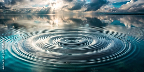 Fototapeta Smooth water reflects the sky with billowing clouds, creating a peaceful scene. Gentle ripples spread across the surface, enhancing the tranquil atmosphere