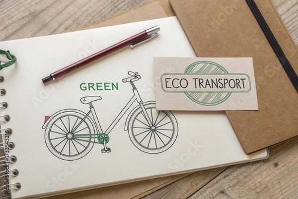 Fototapeta Flat lay image of a bicycle sketch and eco transport card
