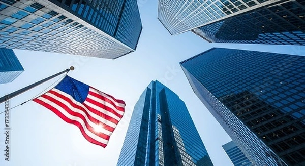 Obraz American flag waving in front of modern skyscrapers in a city vacation background