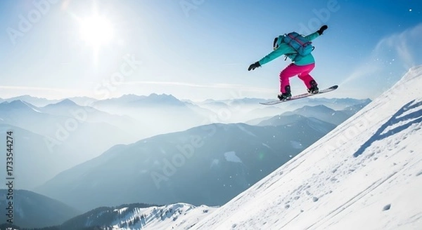 Obraz A snowboarder in midair performing a jump over a snowy mountain landscape with the sun shining vacation background