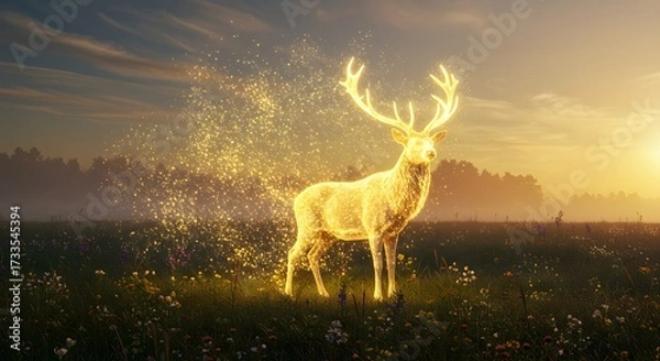 Fototapeta Enchanting Golden Stag with Glowing Antlers Amidst Sparkling Dust in a Mystical Meadow
