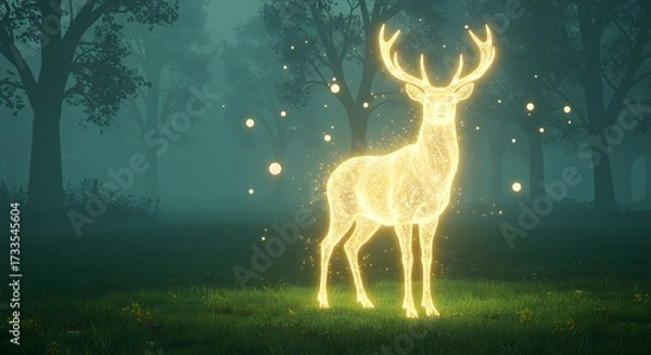 Fototapeta Ethereal Golden Stag Illuminated by Magical Fireflies in a Misty Enchanted Forest
