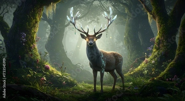 Fototapeta Majestic Stag with Glowing Eyes and Crystal Antlers in a Mystical Forest Glade