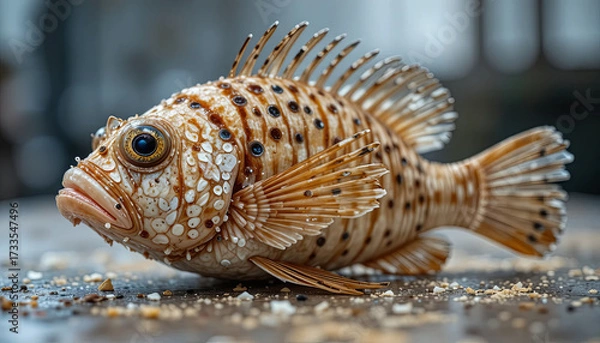 Fototapeta A beautifully patterned fish with distinctive features lies on a wooden table. Tiny food particles surround it, enhancing the lively scene in a bustling kitchen environment