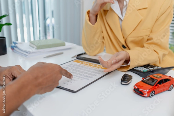 Fototapeta A businesswoman in a yellow suit is consulting with a male client about car purchase contracts, showing documents and car models on the desk to finalize agreement and transaction.