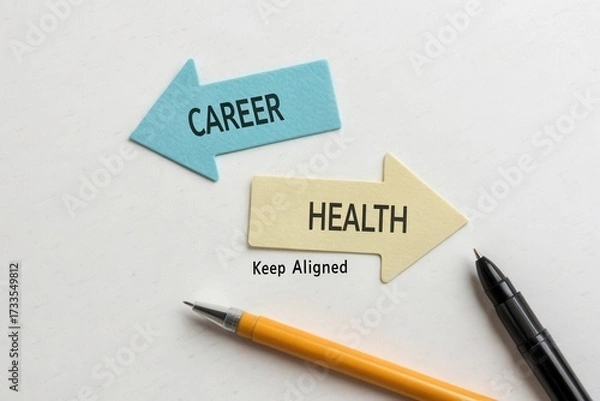 Fototapeta Arrows illustrating career and health choices on a white surface