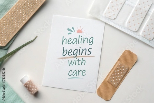 Fototapeta Bandage packets and a white paper quote on a surface