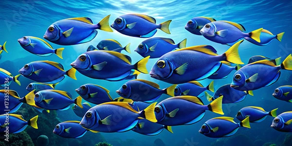 Fototapeta A large group of blue fish with yellow accents swims together in the clear ocean waters. Sunlight filters through, illuminating the vibrant marine scene