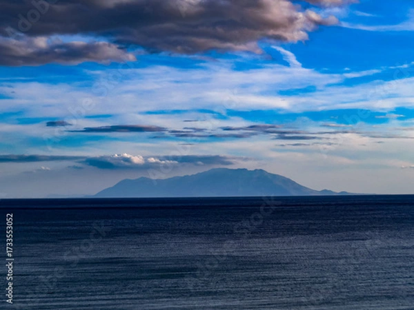 Obraz Samothraki island view, distant view of Samothraki island seen from the mainland across the Aegean Sea. Scenic seascape and horizon landscape.