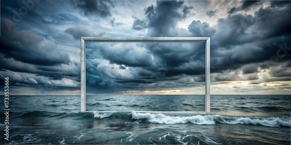Fototapeta Dark clouds gather over the ocean, creating a striking backdrop for a frame standing in the water. Waves crash gently against the shore as evening light fades