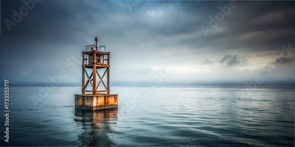 Fototapeta A weathered lighthouse rises from still water, surrounded by a misty atmosphere at twilight. Tranquil waves gently lap against its base, creating a peaceful scene