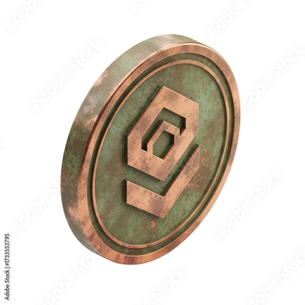 Fototapeta A weathered copper coin with an abstract geometric symbol, isolated on transparent background