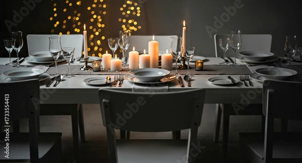 Fototapeta Elegant Candlelit Dinner Table with White Decor and Sparkling Lights for Festive Gathering