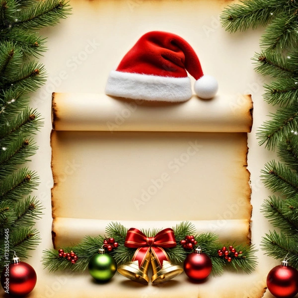 Fototapeta Festive Christmas Background with Santa Hat, Scroll, Pine Branches, and Ornaments
