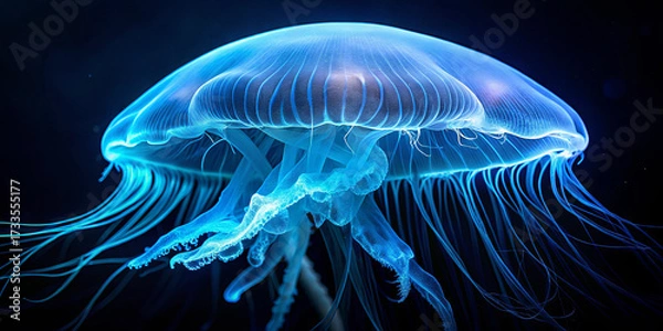 Fototapeta A jellyfish glides through the darkness of the sea, its luminescent body glowing in shades of blue. The delicate tentacles trail behind, creating a captivating underwater scene