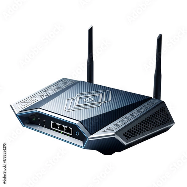 Fototapeta Modern gaming router with antennas, isolated on transparent background