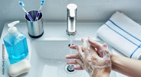 Fototapeta Person washing hands with soap in a white sink with faucet, soap, toothbrush, and towel visible