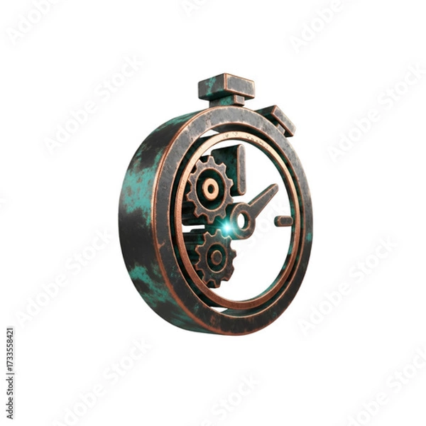 Fototapeta Steampunk stopwatch with gears and glowing blue light, isolated on transparent background