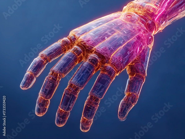 Fototapeta Futuristic robotic hand symbolizing artificial intelligence, with transparent glowing structures showcasing advanced cybernetics.