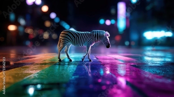 Fototapeta Surreal image of a zebra walking across a rainbow-colored crosswalk on a rainy night with vibrant neon city lights.