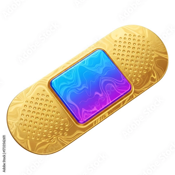 Fototapeta Golden bandage with a vibrant blue and purple abstract pattern in the center, isolated on transparent background