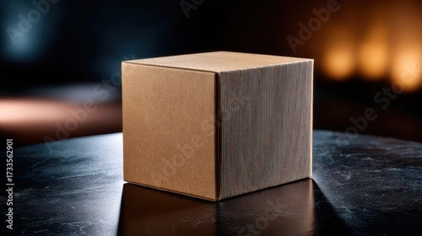 Fototapeta Cardboard box mockup on dark reflective surface with dramatic lighting