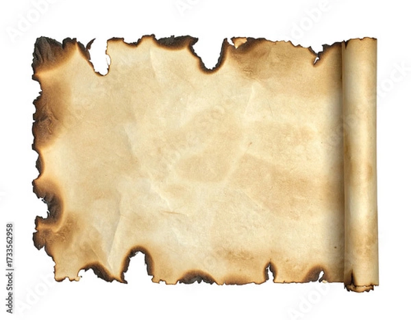Fototapeta A scorched paper scroll, unrolled, with browned edges and a rolled end on black