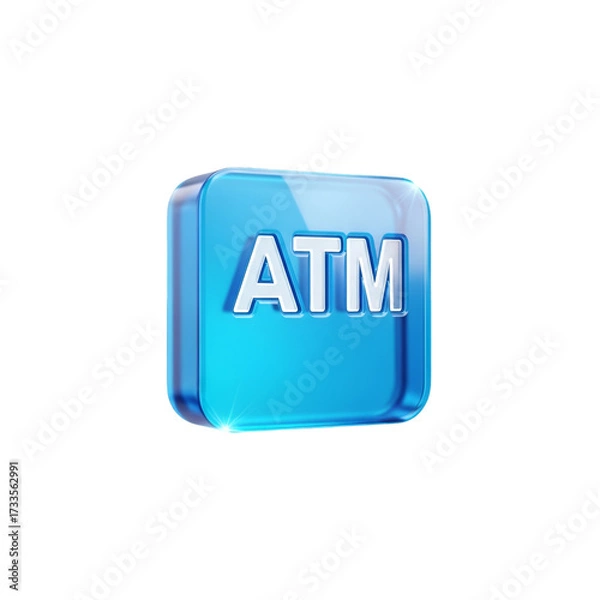 Fototapeta Glossy blue square button with white text atm and a subtle light effect, isolated on transparent background