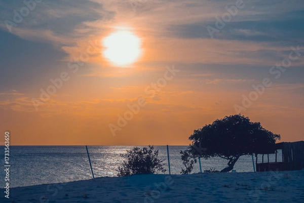 Fototapeta Floating in the waves at sunset, sun just above horizon, going down, orange sky, tranquil sea. Peaceful moment, vacations, summer mood. Dominican Republic. Horizontal video.