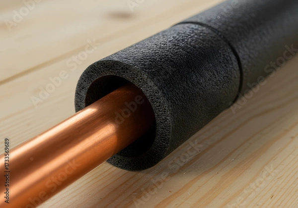 Fototapeta Close up of black foam pipe insulation around copper pipe, preventing heat loss and condensation, improving energy efficiency and protecting pipes