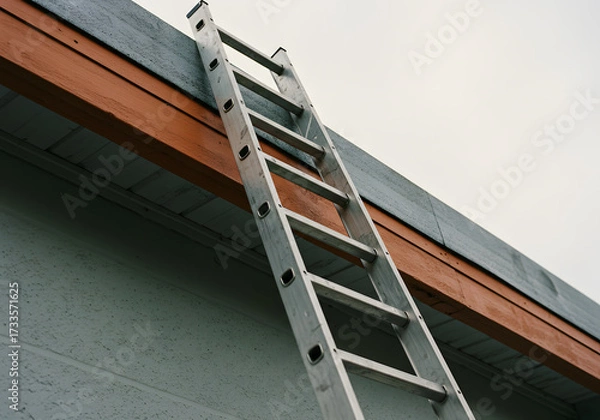 Fototapeta An aluminum ladder is leaning against the side of a building to reach the roof for repairs and maintenance work on the gutter
