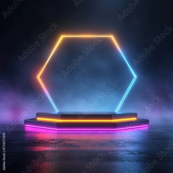 Obraz Futuristic podium stage with glowing neon lights for product display, technology showcase, and sci-fi events