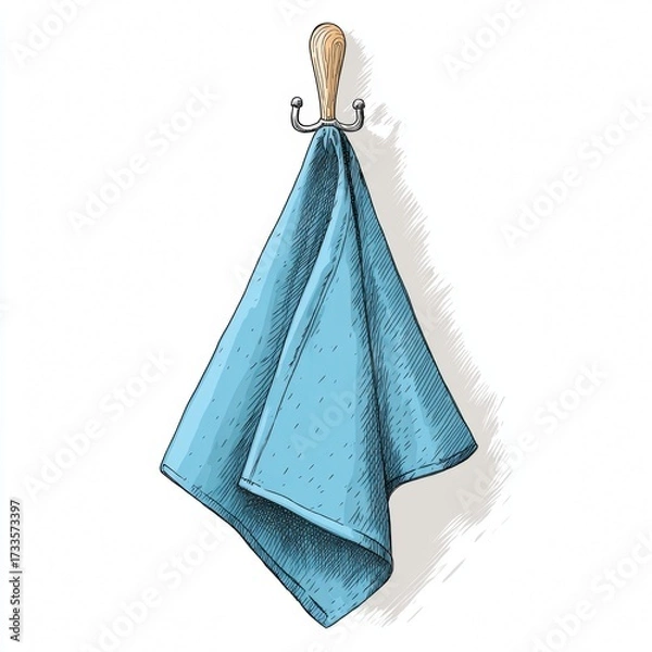 Fototapeta A hand-drawn illustration showcases a blue towel hanging from a wooden hook. The towel, gently draped, adds a touch of elegance to a clean design. The artwork, simple yet striking.