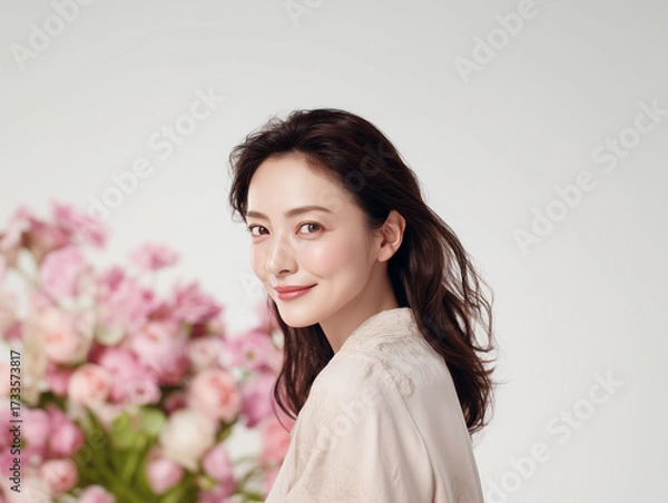 Fototapeta スキンケアをしている美しく透明感のある女性