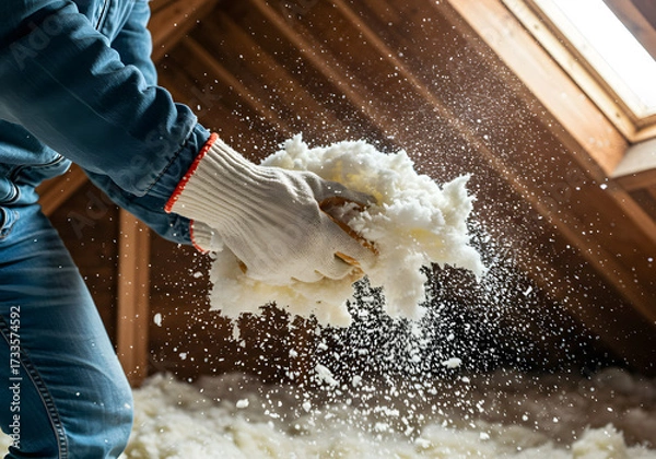 Fototapeta Insulation is being installed in an attic to improve energy efficiency and temperature control, creating a more comfortable and sustainable home