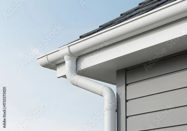 Fototapeta A white rain gutter system on a house, highlighting its clean design and functionality against a clear blue sky background