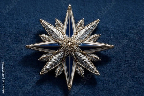Obraz Elegant Star Medallion Shines in White and Gold Against a Deep Blue Fabric Generative AI
