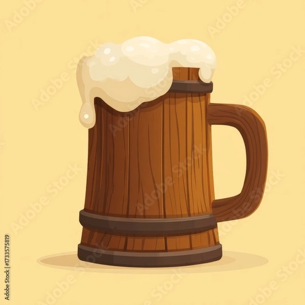 Fototapeta A wooden mug filled with foamy beer, an inviting sight. The beer foam spills over the rim