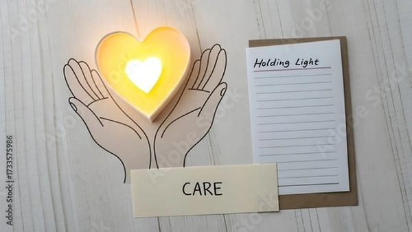 Fototapeta Heart shaped candle held by hands representing care and support