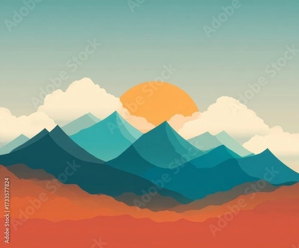 Fototapeta An abstract landscape with mountain, the sun shining. The sun creates warm color and the clouds in the sky.
