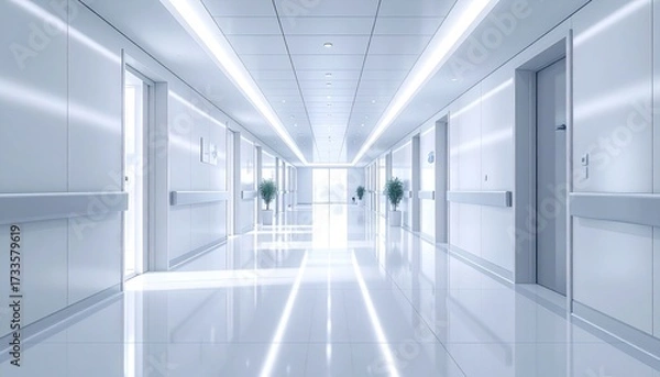 Fototapeta Bright White Hospital Hallway with Shiny Floors Doors and Indoor Plants under Recessed Lighting