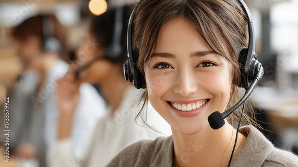 Fototapeta Customer service agent assists clients with a friendly smile in a busy office environment during daytime hours