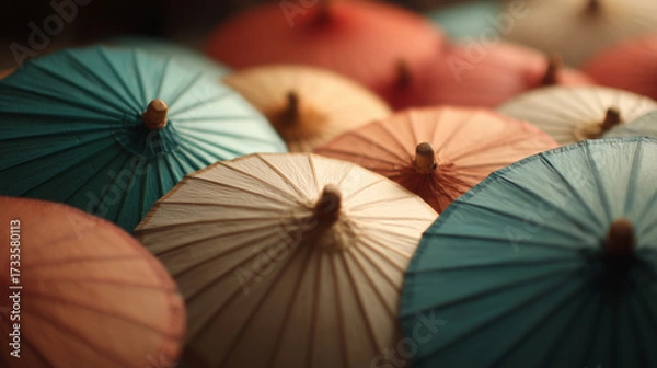 Fototapeta Colorful paper umbrellas arranged together in a vibrant display at a market during the afternoon