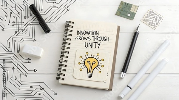Fototapeta Spiral Notebook with Innovation Message and Lightbulb Idea