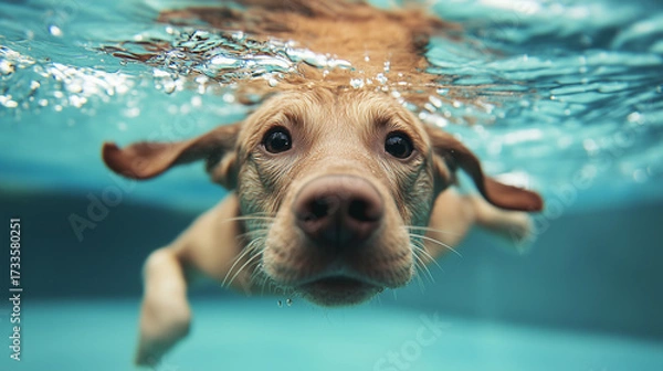 Fototapeta Dog swims underwater in a clear pool during a sunny afternoon, showcasing playful energy and curiosity