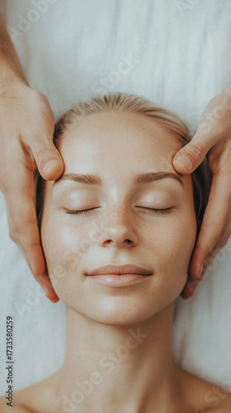 Fototapeta Relaxing facial massage promotes wellness and rejuvenation at a spa during an afternoon session