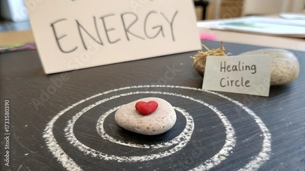 Fototapeta Stone with Red Heart in Center of Circle on Dark Table