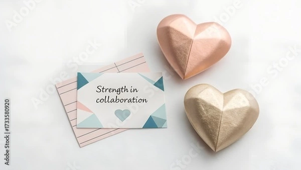 Fototapeta Two geometric hearts beside a card with a positive message